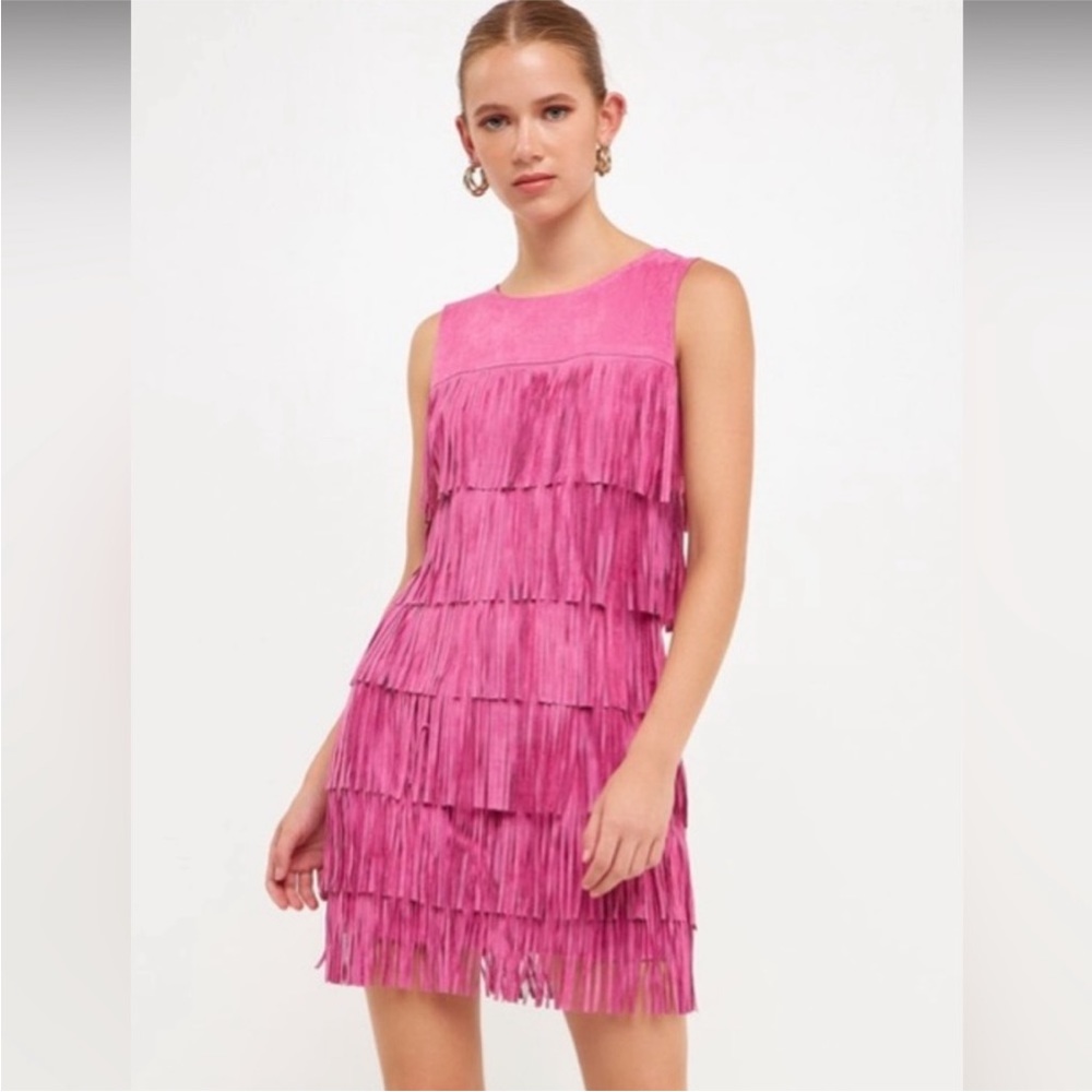S Endless Rose Pink Suede Fringe Sleeveless Mini Dress